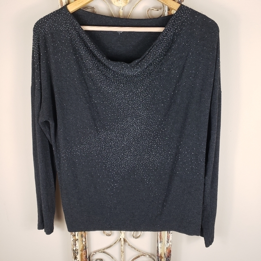 Eileen Fisher Dark Gray Beaded Drape Neck Top